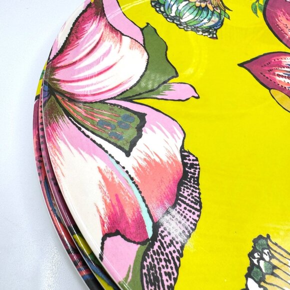 World Market Salad Plates 9" Pink Yellow Botanical Floral Design Dinnerware 4 Pc - Picture 4 of 9
